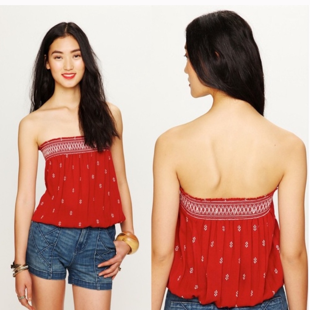 Free People Red and White Embroidered Sleeveless Tube Top